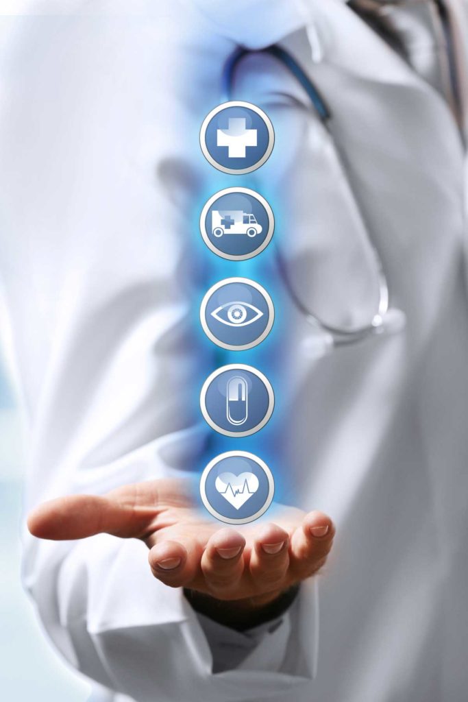 Doctor hand and medicine icons. Medical technology concept